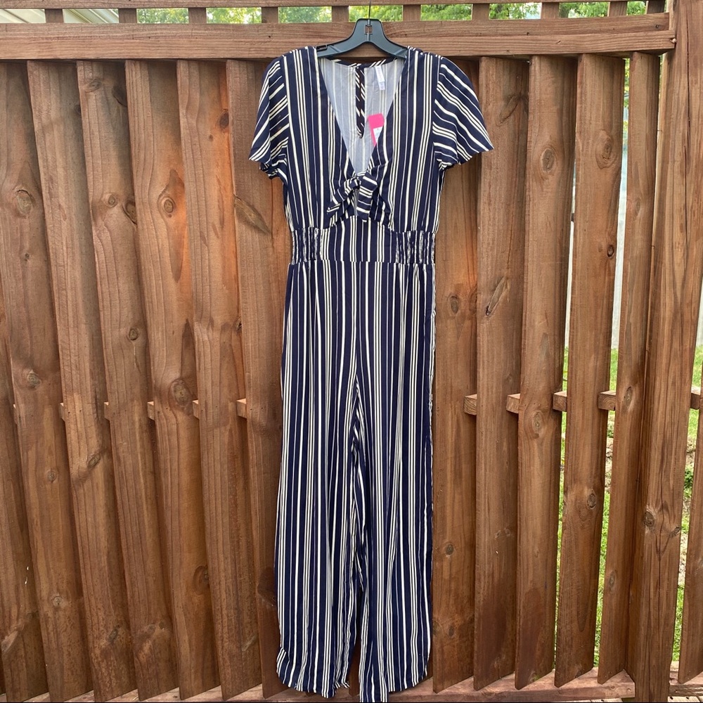 Navy Striped Short Sleeve Tie-Front Jumpsuit - Picture 2 of 3